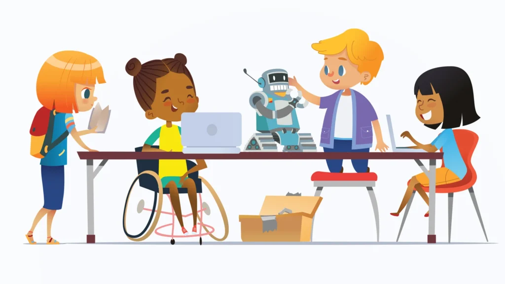 concept art of different special needs children taking an interest in coding