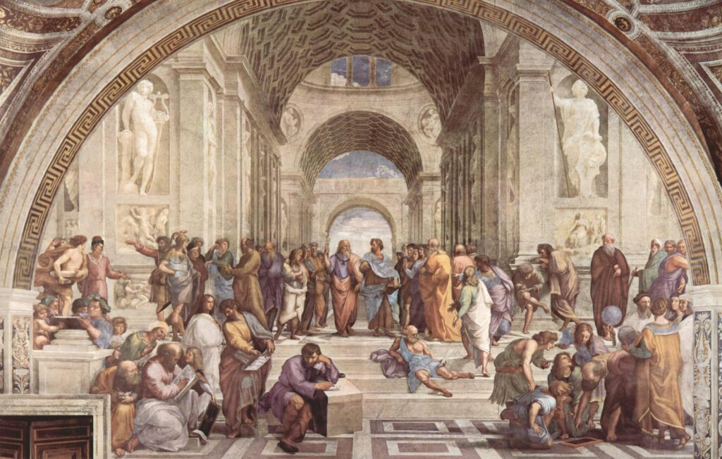 A fresco of ancient philosophers and scholars engaging in discussion and activity within a grand architectural setting, titled The School of Athens by Raphael.