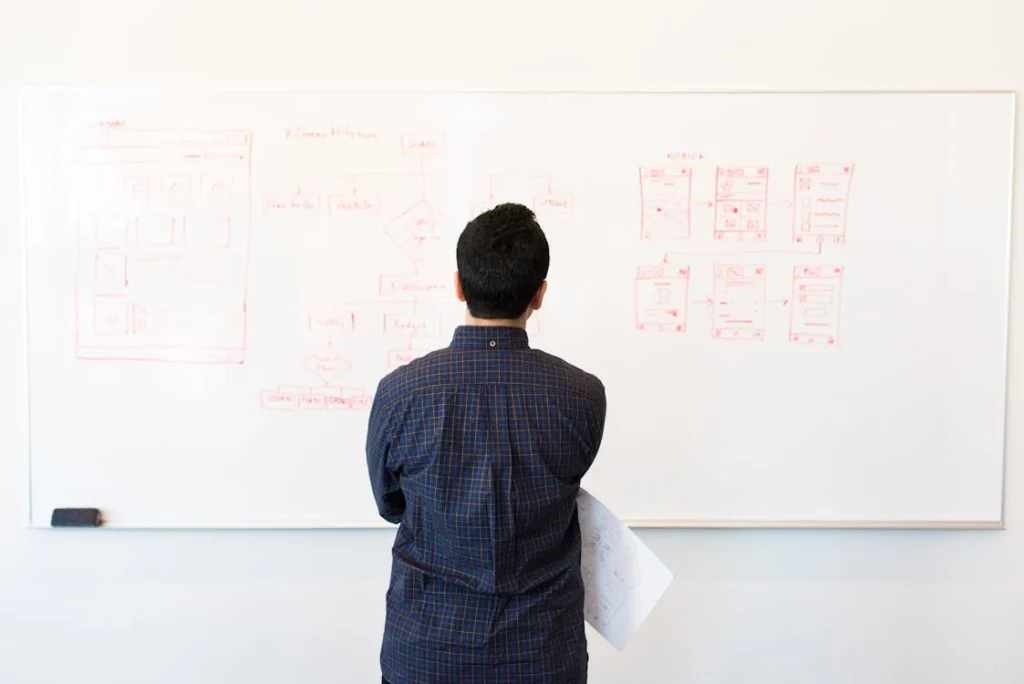 a man in front of a white board